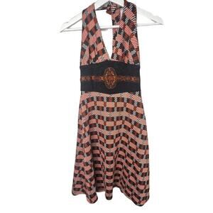Eva Franco Plaid Embroidered Beads Halter Knee Length A-Line Dress Womens Size 4